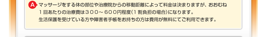 マッサージをする体の部位や治療院からの移動距離によって料金は決まりますが、 おおむね1回あたりの治療費は３００～５００円程度（1割負担の場合）になります。 生活保護を受けている方や障害者手帳をお持ちの方は費用が無料にてご利用できます。